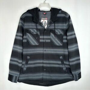 Quicksilver Men’s Hooded Shirt Jacket • Black Blue Striped • Sz L • NWT